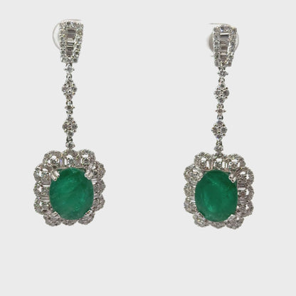 Luxurious 18K White Gold Emerald & Diamond Drop Earrings