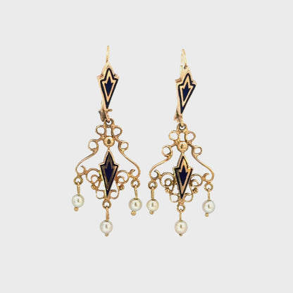 14K Yellow Gold Blue Enamel & Seed Pearl Filigree Chandelier Earrings