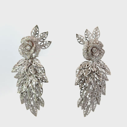 18K White Gold Diamond Rose & Cascading Foliage Earrings
