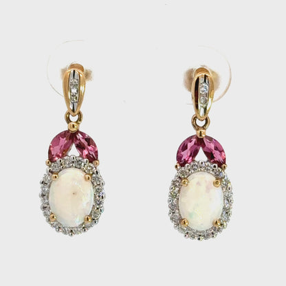 14K Two-Tone Gold Opal, Diamond & Pink Tourmaline Drop Earrings
