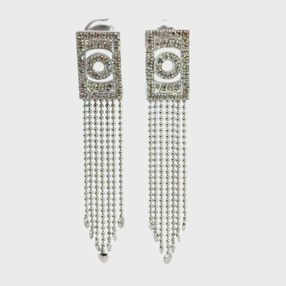 Modern 14K White Gold Diamond Fringe Earrings with Beaded Drops