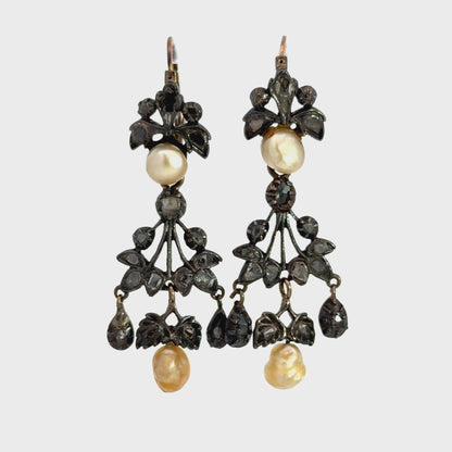 Antique 19th-Century Rose-Cut Diamond & Baroque Pearl Girandole Earrings