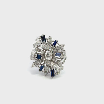Mid-Century     18K White Gold Diamond & Sapphire Starburst Ring