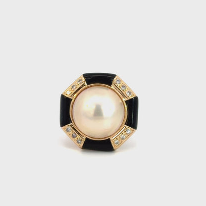 Vintage Pearl Onyx Diamond Geometric Ring in 14K Gold