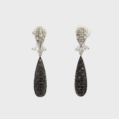 14K White Gold Black & White Diamond Drop Earrings French Clip