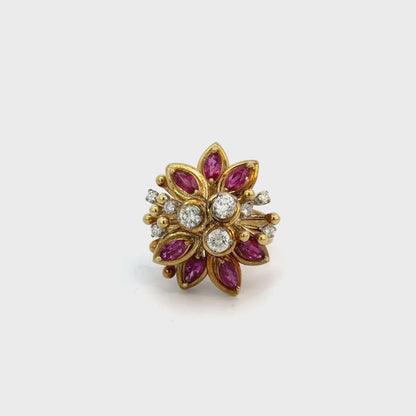 Natural Ruby & Diamond Floral Cluster Ring 18K Yellow Gold