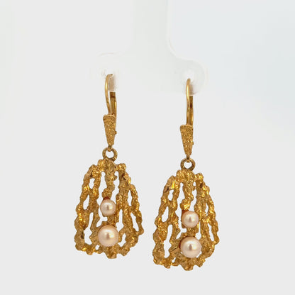 18K Yellow Gold Textured Openwork Pearl Drop Earrings