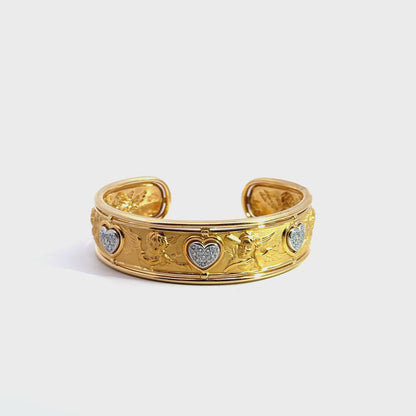 18K Yellow Gold Angels with Diamond Hearts Bangle