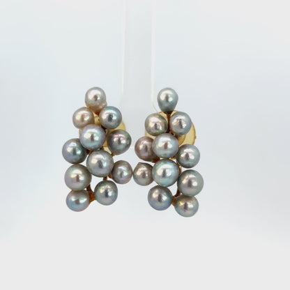 Vintage 14K Yellow Gold Black Freshwater Pearl Cluster Earrings