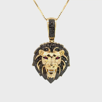 Lion Head Pendant with Black Diamonds & Ruby Eyes – Yellow Gold