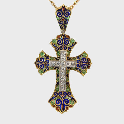 18K Yellow Gold Ornate Large Enamel & Diamond Cross