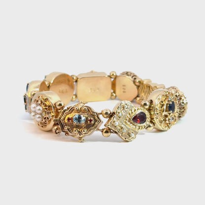 14K Yellow Gold Multi-Gemstone Charm Bracelet – Diamond, Pearl & Precious Gem Accents