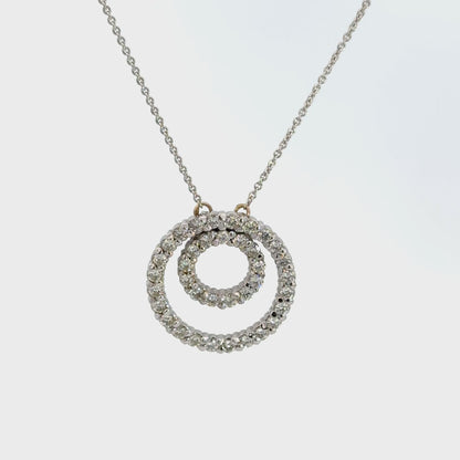 14K White Gold Diamond Double Circle Pendant Necklace, 16.5 Inches