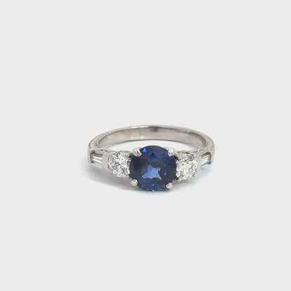 Vintage Platinum Blue Sapphire & Diamond Ring with Filigree
