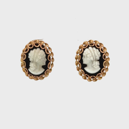 Yellow Gold Shell Cameo & Black Onyx Earrings