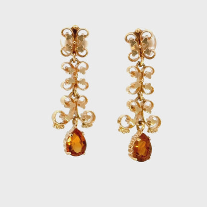 Vintage 1960s 14K Yellow Gold Openwork Citrine Drop Earrings