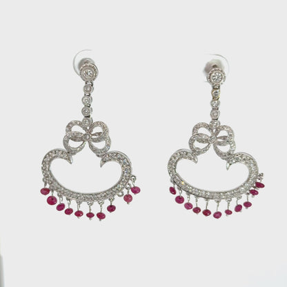 18K White Gold Diamond & Ruby Bow Chandelier Earrings