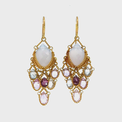 18K Gold Moonstone & Multi Gemstone Chandelier Earrings, Intricate Chainwork