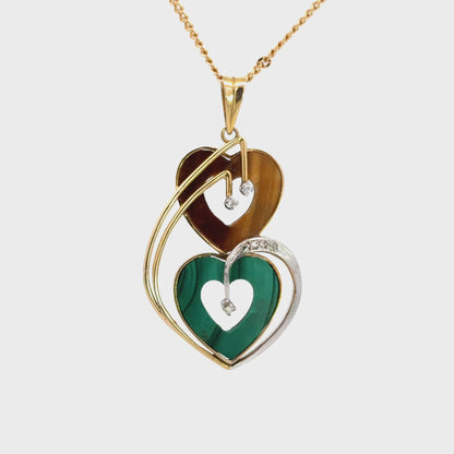 14K Yellow & White Gold Malachite, Tiger’s Eye & Diamond Double Heart Pendant