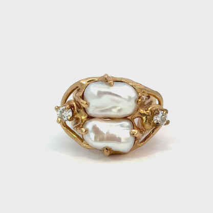 Vintage 1970s 14K Yellow Gold Natural Pearl & Diamond Artistic Statement Ring