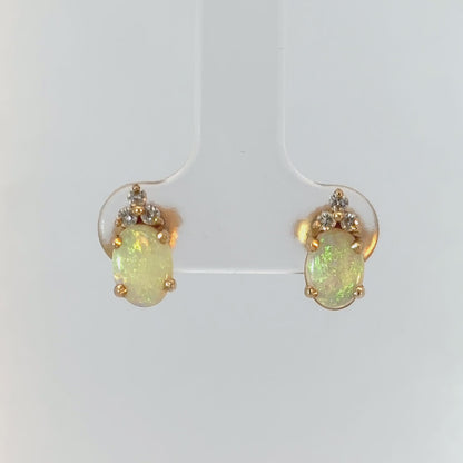 14K Yellow Gold Opal & Diamond Stud Earrings