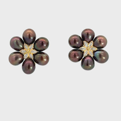 14K Yellow Gold Oval Black Pearl Flower Earrings