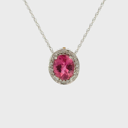 Pink Tourmaline & Diamond Halo Pendant Necklace in 14K White Gold