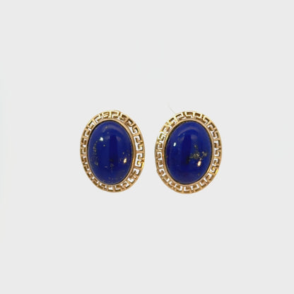 Vintage 14K Yellow Gold Lapis Lazuli Greek Key Motif Earrings