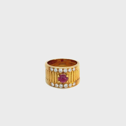 18K Yellow Gold Ribbed Ruby & Diamond Ring