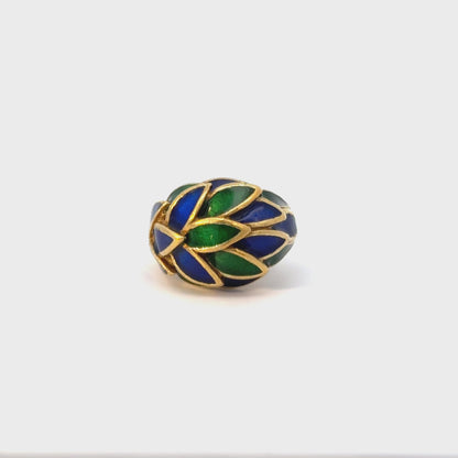 Vintage 18K Yellow Gold Overlapping Green & Blue Enamel Leaf Design Ring