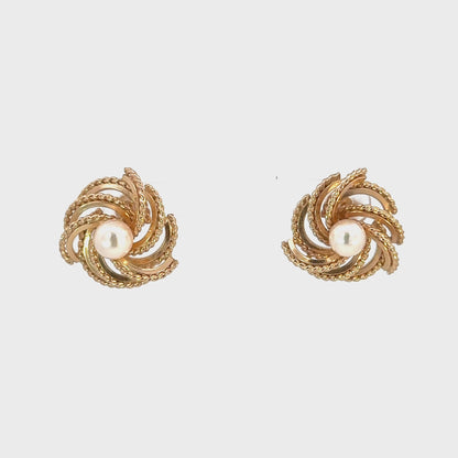 14K Yellow Gold Cultured Pearl Swirl Earrings | Textured Rope Motif