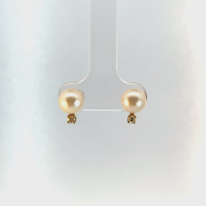 Estate 14K Gold Cream Pearl Diamond Stud Earrings