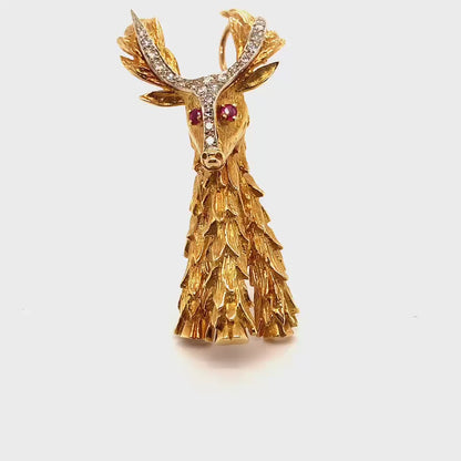 Vintage 18K Diamond and Ruby Gold Deer Brooch