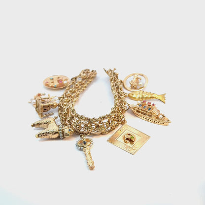 Vintage 14K Yellow Gold Story Charm Bracelet with Nine Gemstone & Pearl Charms