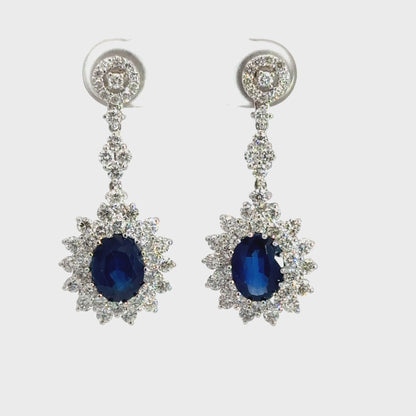 18K White Gold Sapphire Diamond Halo Drop Earrings