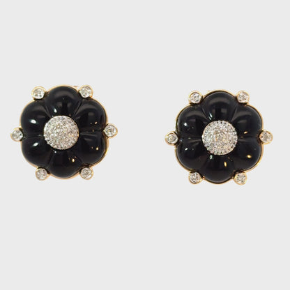 Vintage 14K Yellow Gold Onyx & Diamond Flower Earrings