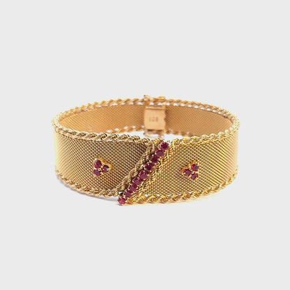 Vintage 18K Yellow Gold Ruby Mesh Bracelet with Rope Edges