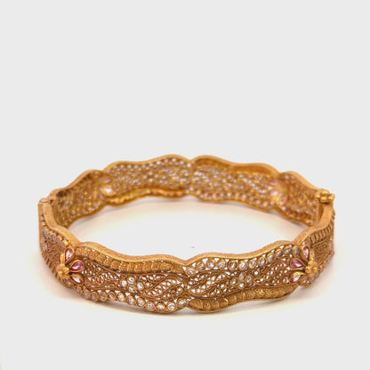 Vintage 22K Yellow Gold Filigree Bangle with Pink Swarovski Crystals & Cubic Zirconia
