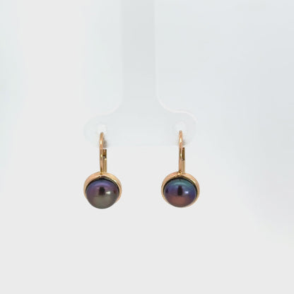 14K Yellow Gold Blue Pearl Leverback Earrings