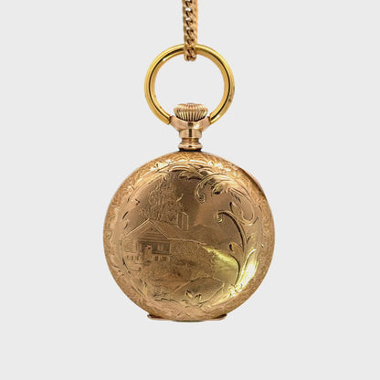 Edwardian 1900-1910 Elgin Pocket Watch Gold Filled Scenic Engraved Hunter Case