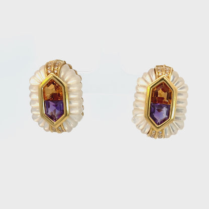 18K Yellow Gold Mother-of-Pearl, Citrine, Amethyst & Diamond Earrings