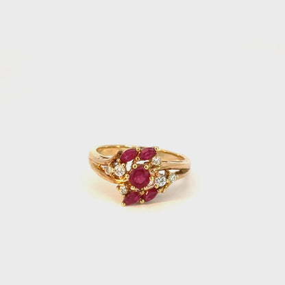 Vintage 14K Yellow Gold Ruby & Diamond Floral Ring