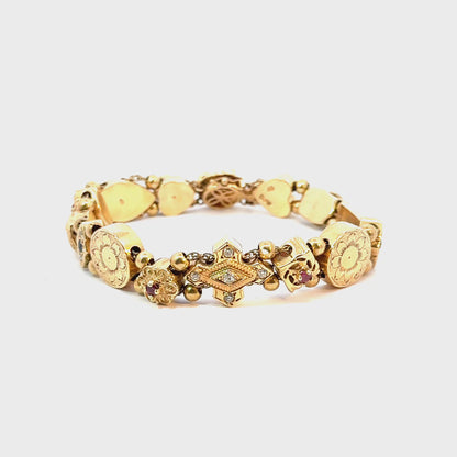 Vintage 14K Yellow Gold Multi-Charm Bracelet with Gemstones & Enamel