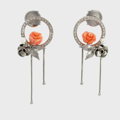 18K White Gold Coral Flower, Pearl & Diamond Drop Earrings
