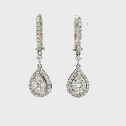 18K White Gold Diamond Teardrop Drop Earrings – Halo Cluster Design