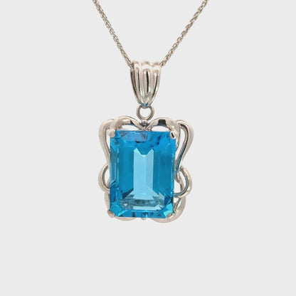Large Emerald-Cut Blue Topaz Pendant in 14K White Gold