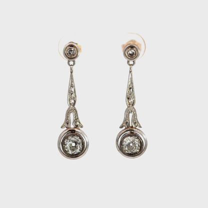 1920s Antique Platinum Diamond Dangle Earrings with Old Mine Cut Diamonds