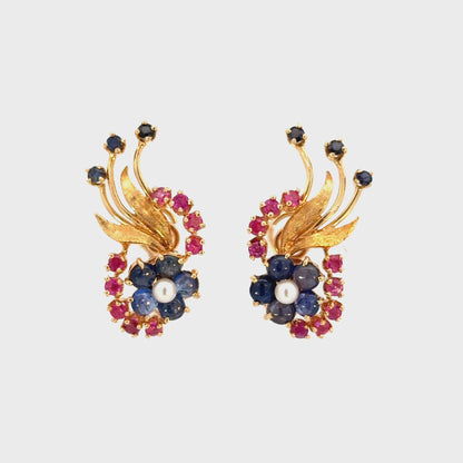 Vintage 14K Yellow Gold Ruby, Sapphire & Pearl Floral Clip-On Earrings