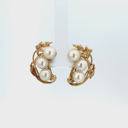 Vintage 14K Yellow Gold Six-Pearl Floral Vine Earrings
