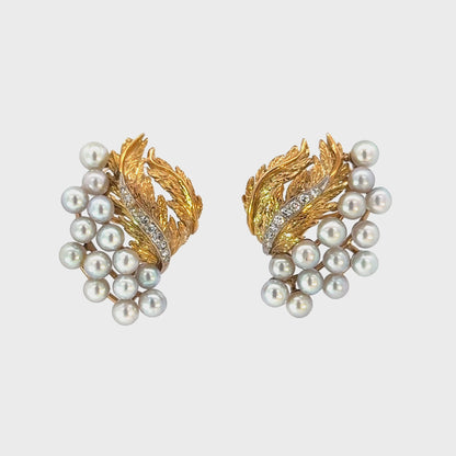Vintage 14K Gold Diamond & Pearl Leaf Clip-On Earrings